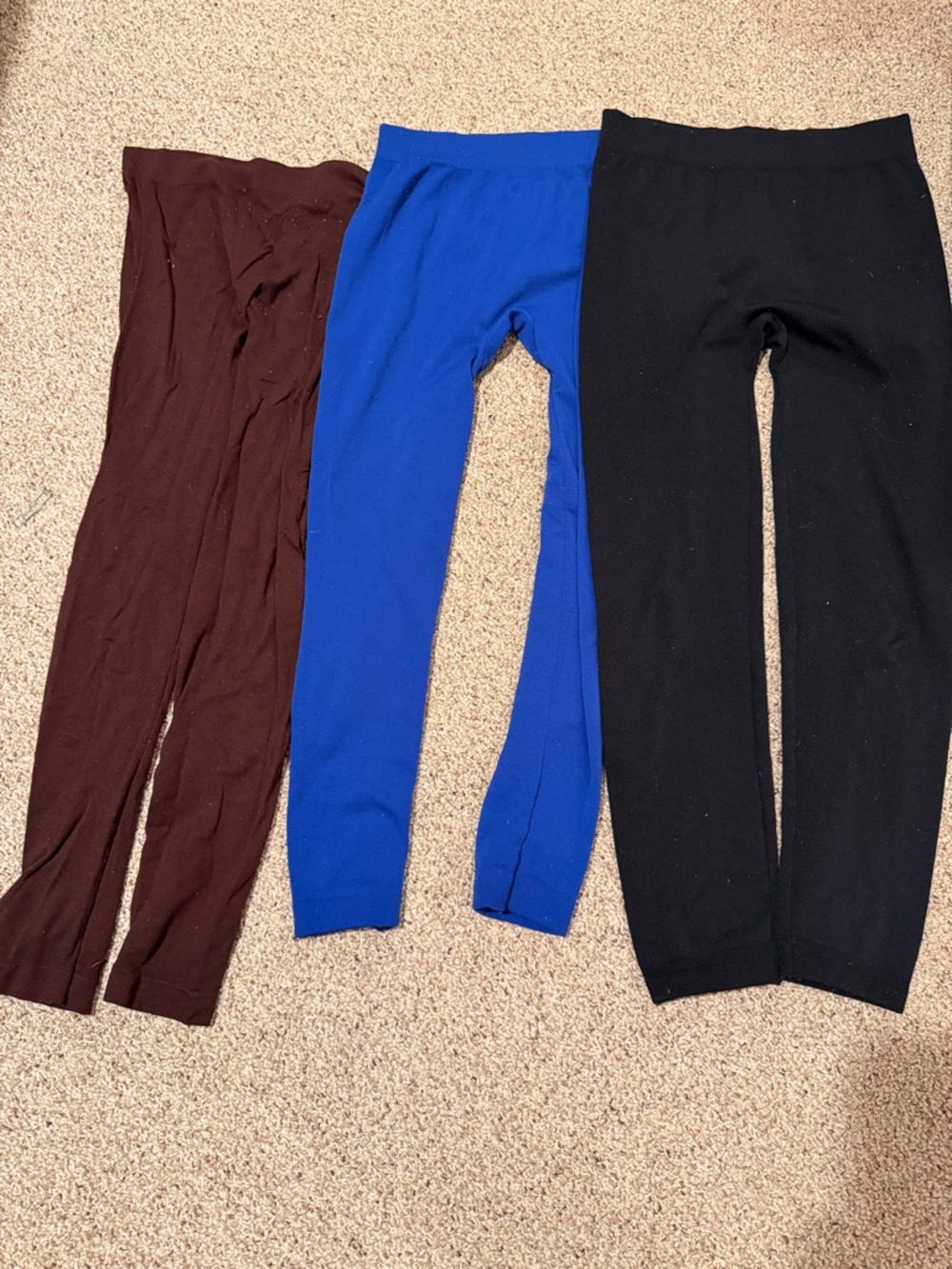 3 Women’s Stretch Leggings Trio - Black, Blue, Brown - Small/Medium/Large